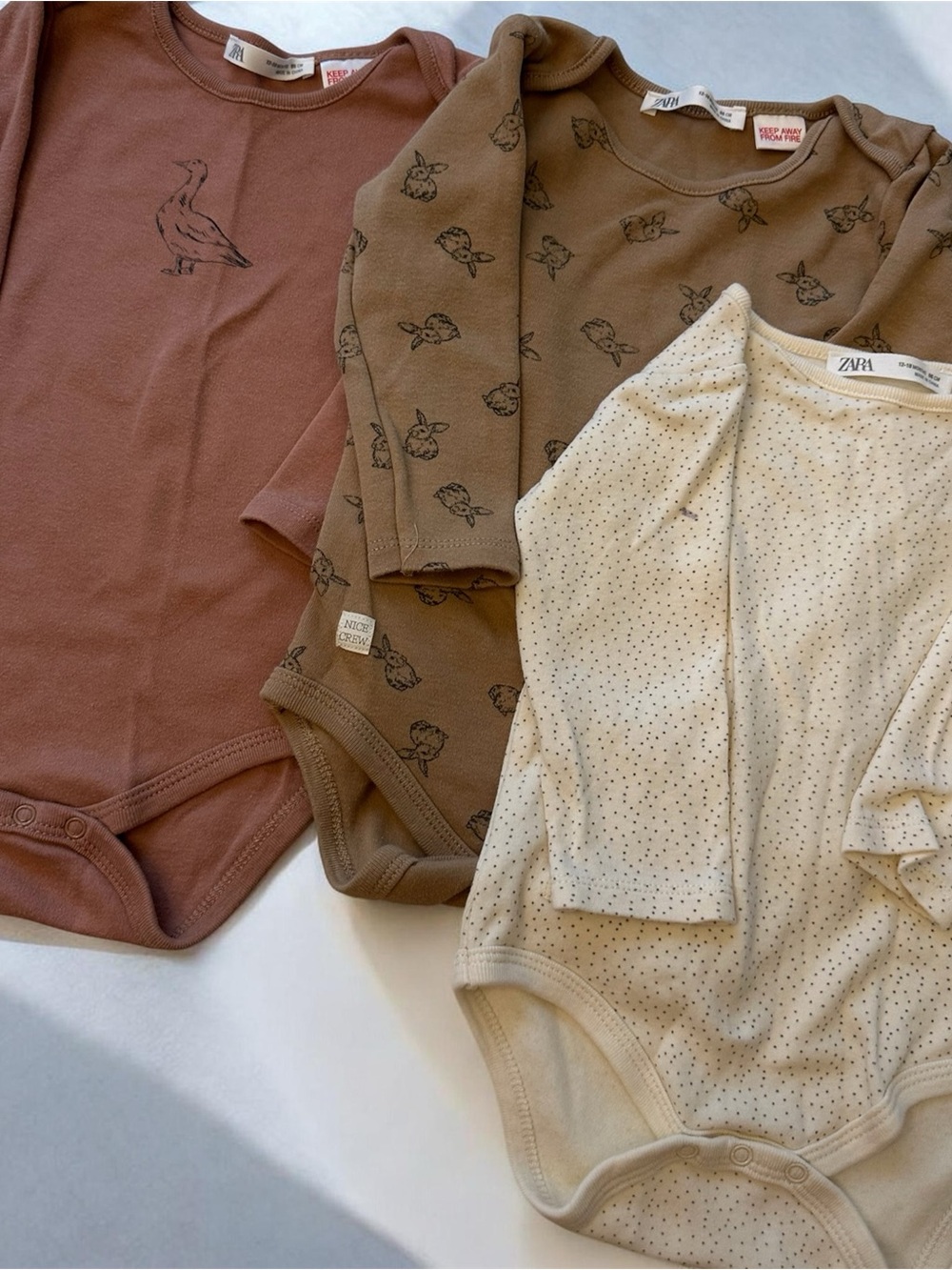 Zara Long-Sleeve Baby Bodysuits - Brown, Olive, Cream (3-Pack)
